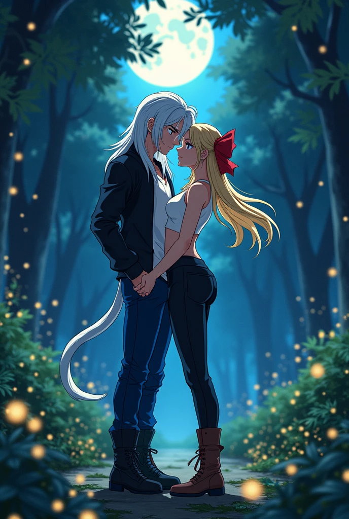 Young man with long straight white hair,Red eyes,camiseta blaca,black jacket,dark blue pants,black boots and white monkey tail Next to a woman with a sexy body,blonde with long hair tied with a red ribbon,blue eyes,white cropped sleeveless t-shirt,black pants clinging to his legs,Brown boots,kissing in the middle of a forest at night lit by fireflies(anime style/dragónball)