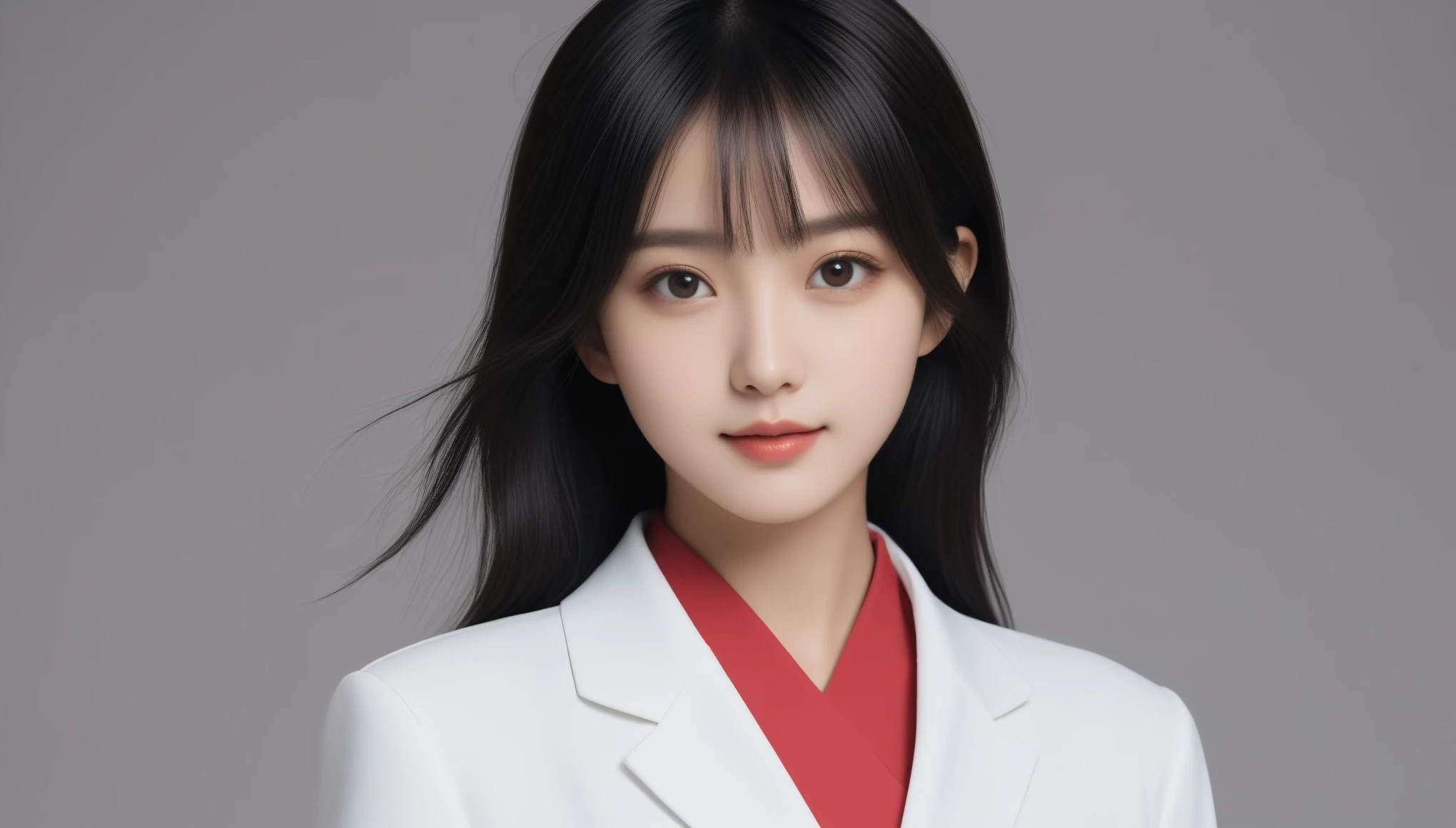 8k, Ultra-high resolution, Highest quality, masterpiece, 三分割法によるphotograph,Surreal, photograph, 1 Girl, (:1.3), pretty girl, Cute Face, 細部までBeautiful Eyes, 細かくdetailedに,masterpiece,One Girl:1.2,Japanese women,Young Wife,upper body,smile,Black hair,Bowl cut, Blazer uniform,(Beautiful attention to detail),Subtle details, detailedな顔, smile,Attractive girl,(女の子のポートレートphotograph:1.4),(Photorealistic images:1.4),Fantasy art,Gray background,(Beautiful Face:1.4),Beautiful and attractive eyes、Beautiful Eyes、(Tight waist:1.4)、(Beautiful girl with perfect body proportions:1.4),Pink Lips,Looking at the audience,(((Ideal body type))),A-cup small breasts :2,、Portraiture:2、Perfect Anatomy、鮮明なdetailed、detailed,Fashion magazine cover,Thin lips,完璧でBeautiful Face ,完璧でCute Face, Skin with attention to detail, Perfect limbs、Narrow waist,Surreal,Light and shadow,stage lights