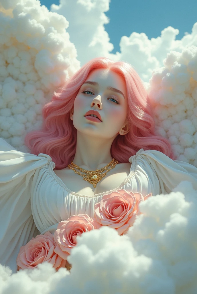 sky view image depicting a gorgeous angel laying down on a fluffy cloud. She has pale white skin, crystal blue eyes, glossy round softly open pink lips, soft pink hair. She is wearing white and gold robes. Her chest is covered by golden jewelry and pink roses. Her gaze depicts her in a daydreaming state