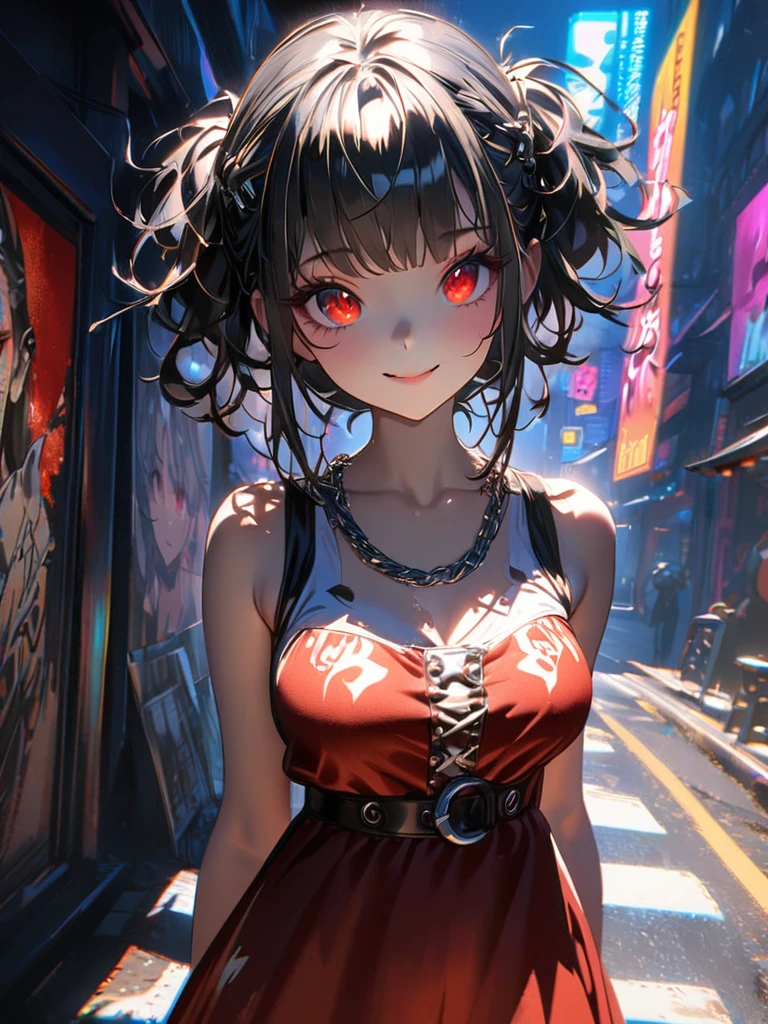 1 girl, chromatic aberration, Written boundary depth, Soft Light, masterpiece, Highest quality, complicated, Tone Mapping, A place where fireworks are set off at festivals. Concept Art, Smooth, Clear focus, Dramatic lighting, Very cinematic, super practical painting, アートステーション's trending, 8k, Incredible Shadows, practical, whole body, View, Viewers, Portrait of a Girl 1, standing on street corner, Heavy rain and lightning、Dark Sky, neon and cyber punk background, she is dressed in punk clothing with silver chains and silver spikes, Her hair was dyed a bright black color..........Ominous aura of light, smile, punk, ciber punk, Backlight.Fashionable clothes、Friendly dress code:Wearing a cute red dress.My breasts are a little big.Beautiful red eyes