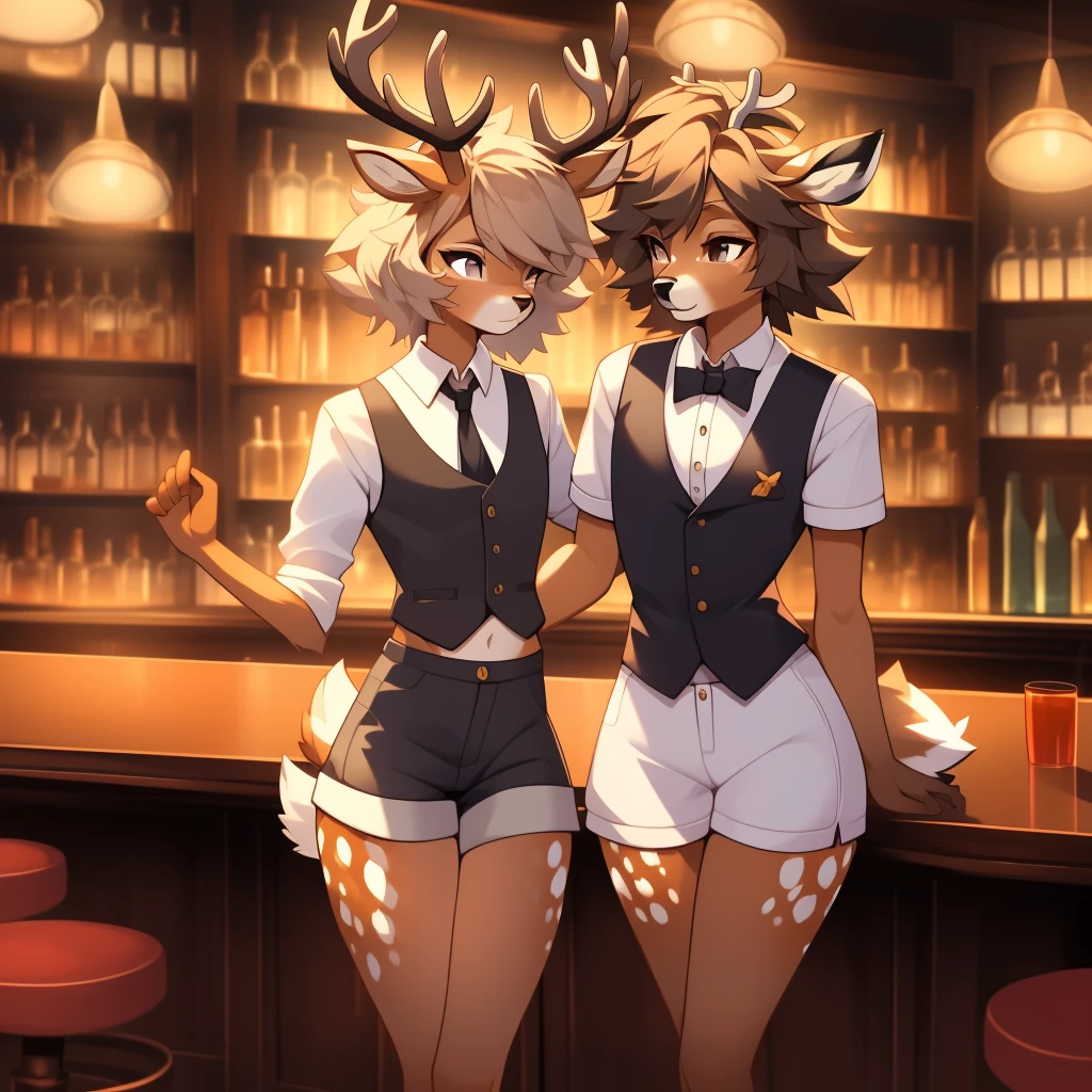 Best quality, super detailed illustration, warm colors, Ideal lighting, better detail, (fluffy deer boy:1.4) , feminine face and body, disheveled thick hair, Bartender's clothes, short shorts, shirt, vest, black butterfly, Sleepy view, bags under the eyes, femboy, small waist, wide hips, slim, perfect body, style &quot;DND&quot;