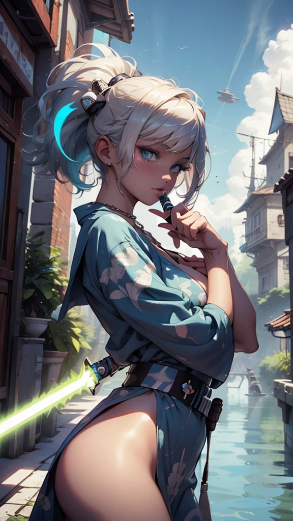 jedi, lightsaber, fair robes, flegs, foreigner, curvey, Seriously, lightsaber azul, (best qualityer)+, work of art+Blue hair length to mid back, with a necklace and a blue and white dress, a halo of water over the head, visible scales on the body and face, NSFW,ultra-realistic skin,pose, pose,template sheet, 3D style, sexly