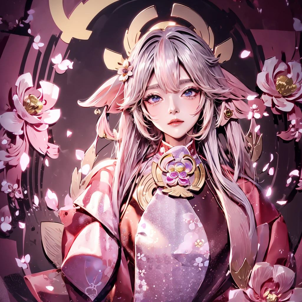 Cute Woman Japanese style Golden kimono Bob Hair Silver Hair Gorgeous large flower hair ornament Golden halo Big eyes Pink flowers background