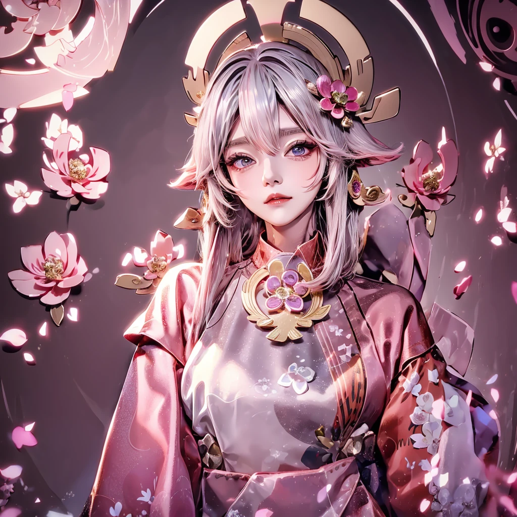 Cute Woman Japanese style Golden kimono Bob Hair Silver Hair Gorgeous large flower hair ornament Golden halo Big eyes Pink flowers background