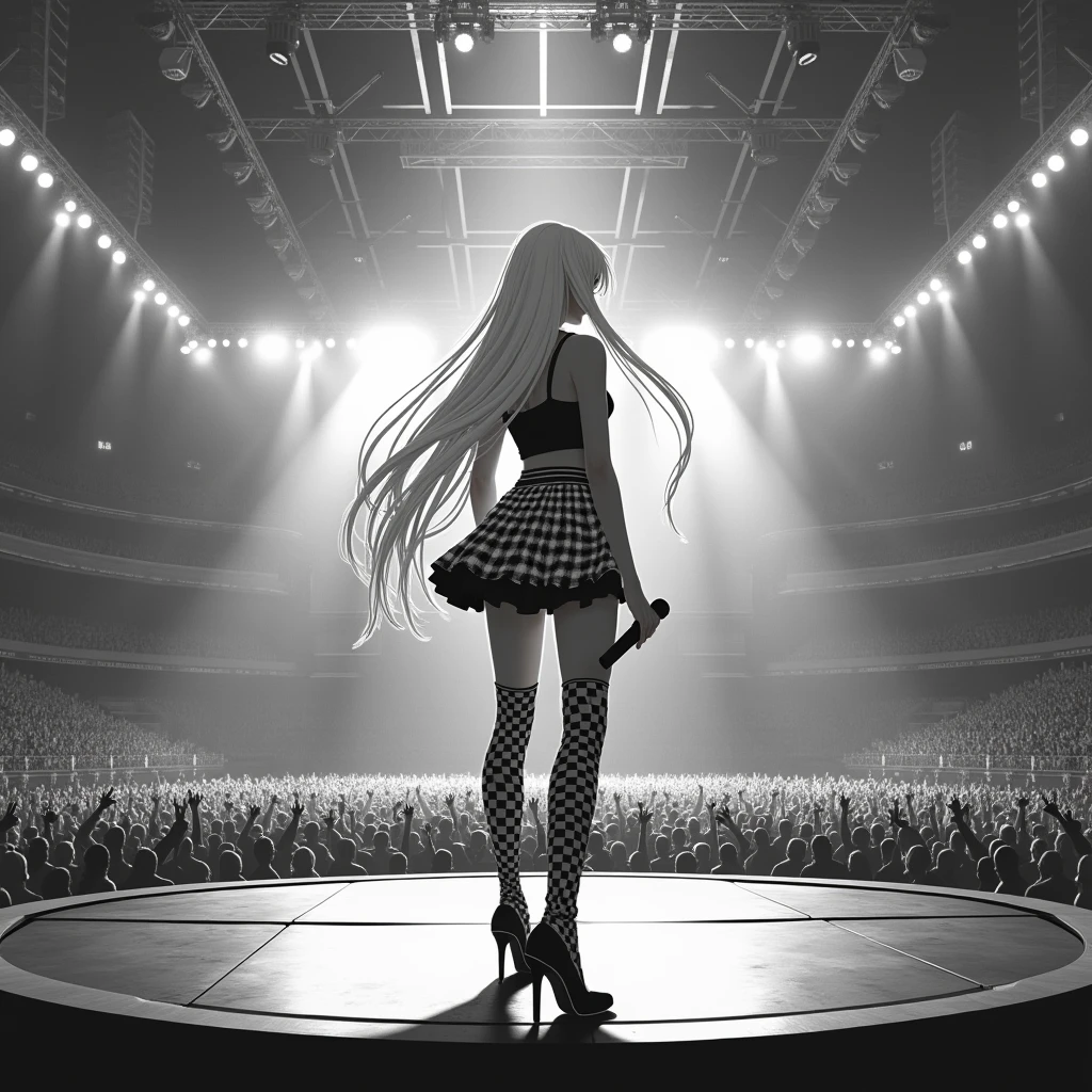 (masterpiece, best quality), high contrast, (4girls:1.2), anime wallpaper, lineup, Multiple_girls, idol outfits, (long skirt, frilly skirt:1.1), (from behind:1.2), stage, stage lights, concert, (crowd:1.1), dynamic pose, standing, woman, (headphones:1.1), (jacket, off shoulder jacket, sleeveless top:1.1), collared top, short hair, medium hair, sharp focus, light particles, (wide shot), sfw, detached collar, backboob, pantyhose,