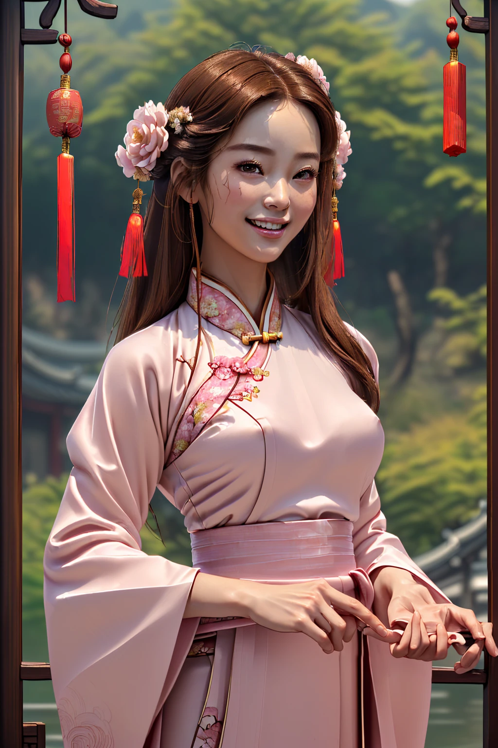 ((Ultra-realistic detail.) (Masterpiece, Top Quality, Best Quality, Official Art, Beauty and Aesthetics: 1.2), Very Detailed, upper body, 1girl at center screen with beautifulface, long and flowing brown hair, wearing pink hanfu, ancient chinese clothes, smiling, perfect details, perfect body, perfect face, perfect fingers.