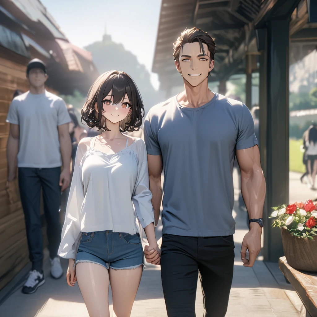 A man holding his wife's hand, walking in a park, standing, smiling (man with curly big black hair, wearing a white shirt, black pants, brown eyes, muscular, perfect face, perfect eyes) (wife wearing shorts casual jeans, USS_Baltimore, azur_lane, navy blue shirt, sports sneakers, kawaii face, brown hair,short hair, brown eyes,), daytime location.(just a man and woman couple), .shadow, flower , UHD , masterpiece, accurate, anatomically correct, textured skin, super detail, high quality, best quality, 8k, high resolution, bokeh effect.

