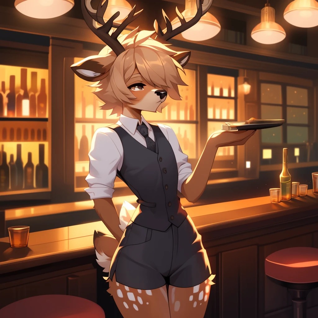 Best quality, super detailed illustration, warm colors, Ideal lighting, better detail, (fluffy deer boy:1.4) , feminine face and body, disheveled thick hair, Bartender's clothes, short shorts, shirt, vest, black butterfly, Sleepy view, bags under the eyes, femboy, small waist, wide hips, slim, perfect body, style "DND"