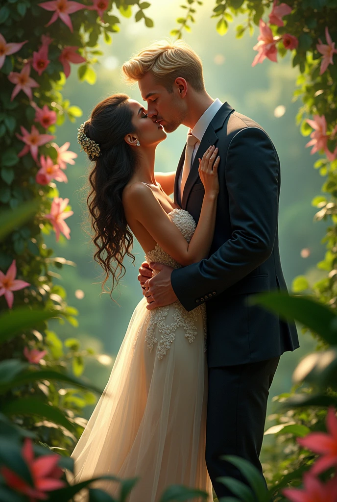 A Brazilian woman in a lush tropical garden, wearing a wedding dress kissing her blond, blue-eyed groom, tall slender man wearing an elegant suit and tie. The two are very much in love.