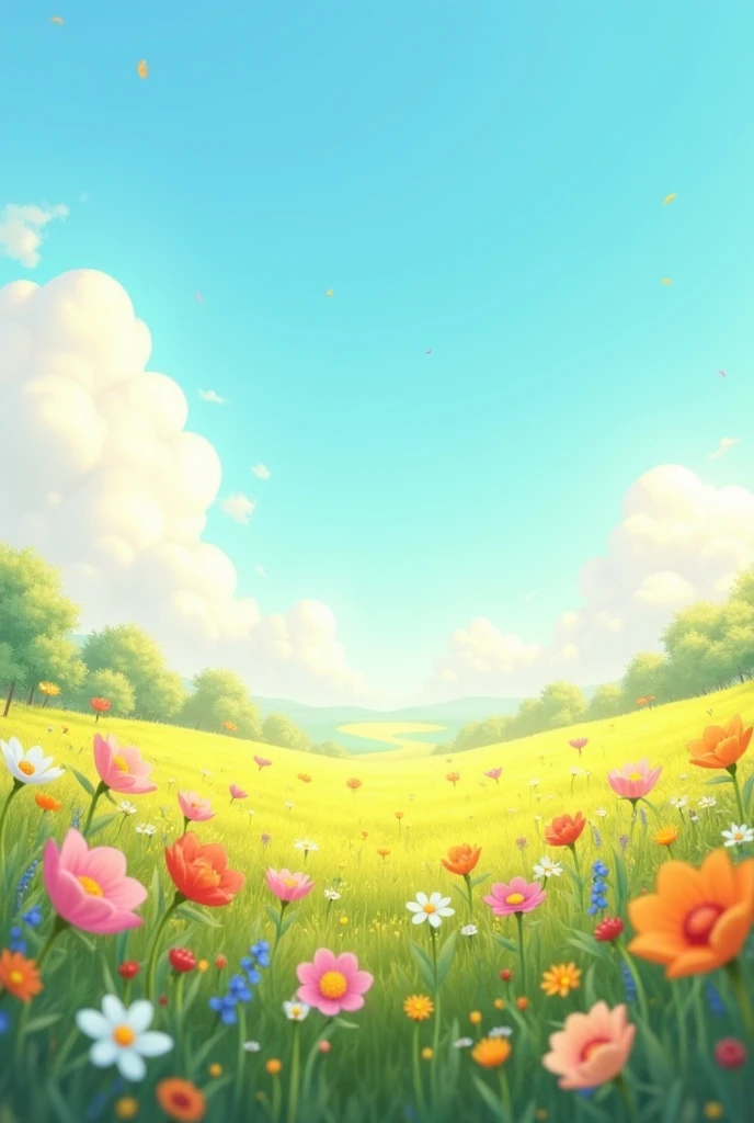 image of a sunny day landscape, just the landscape with flowers, flowery field, nobody, no animals, Vibrant, artwork style, animated cartoon, artistic, soft color palette, flowers of various types blown by the wind, sheen, magic photography, soft soft lighting, light background, photo realist, super verbose, 4K, high resolution, super thin sharp, high qualiy, exclusivo, colors beautiful, 3d rendered,