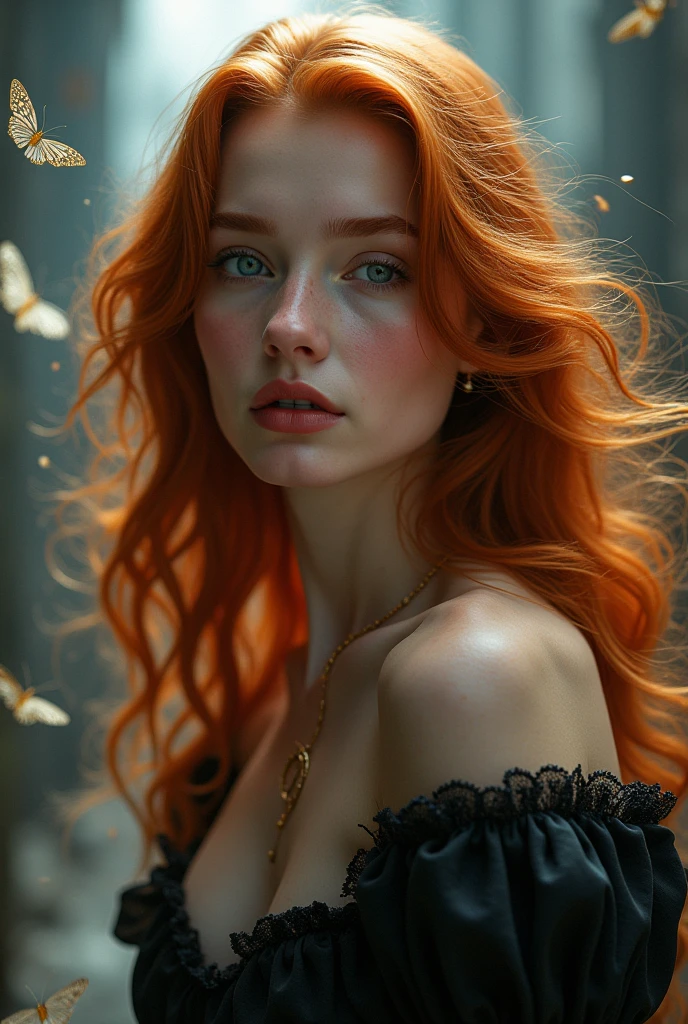 (solo, full body photo:1.3), (action packed:1.3), (haze, fog, mist:1.3), chiaroscuro, best quality, photorealistic, 1woman, (cute), (24yo:1.2), redhead, long ginger hair highly detailed, 1700'S, digital photography, art by artgerm and ruan jia and greg rutkowski surreal painting gold butterfly filigree, broken glass, (masterpiece, sidelighting, finely detailed Fashionable eyes: 1.2) (perfect oval large eyes that gazes at the viewer), beautiful detailed face, blue gorgeous perfect eyes, (blonde hair ponytail), (attractive young woman:1.3), (thick amazing hair), (seductive:1.1), (blushing:1.1)