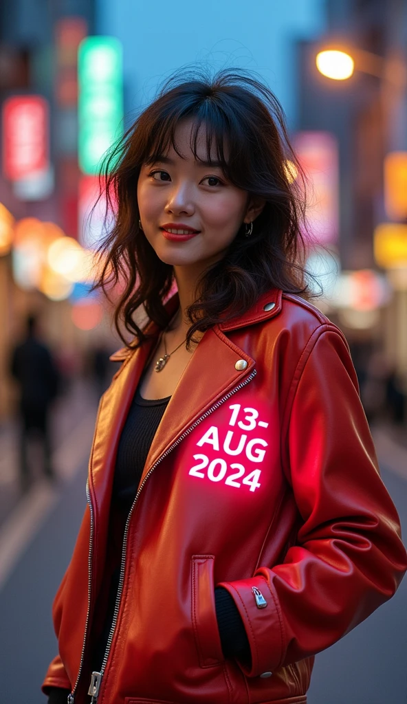 A playful image of a korean woman sporting a bold leather jacket with glowing tag name "13 - AUG - 2024", standing confidently with one hip cocked and a mischievous glint in her eye. Framed against a bright city street at dusk, the vibrant colors of the jacket pop against the warm urban backdrop. Her hair is messy-chic, and a cheeky smile hints at a joke just waiting to be shared.