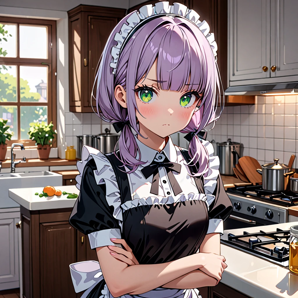 a girl, maid, puzzled, arms crossed, standing, looking at viewer, pale purple hair,low twintails, blunt bangs, green eyes, slim, maid, apron, in the kitchen, kawaii, cute, upper body, masterpiece, best quality, hyper detailed, exquisite, beautiful