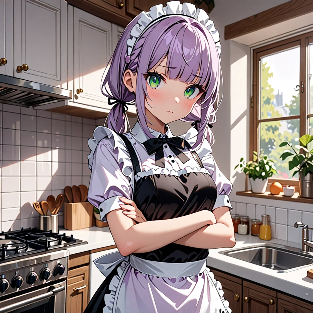 a girl, maid, puzzled, arms crossed, standing, looking at viewer, pale purple hair,low twintails, blunt bangs, green eyes, slim, maid, apron, in the kitchen, kawaii, cute, upper body, masterpiece, best quality, hyper detailed, exquisite, beautiful