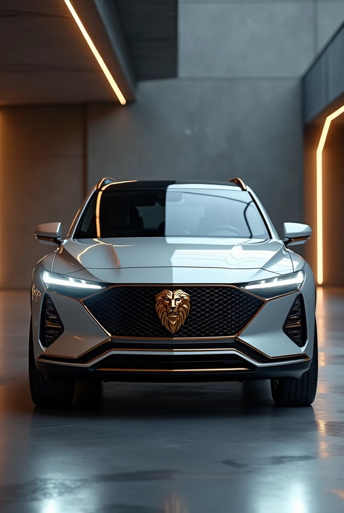 PREMIUM LUXURY LARGE SUV in LIGHT GRAY MIRROR WINE WITH A GOLDEN LION TYPE LOGO AND THE FRONT OF THE GRILLE SAME AS A Mazda CX5 MIXED WITH THAT OF A 2013 Hyundai Tucson WITH LIGHTS LIKE THE EYES OF A FURIOUS LION