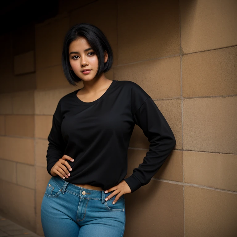 body photo, beautiful detailed, cute face, short, Guanajuato teen, slightly chubby, short black hair, black hair over one eye, long sleeve plain T-shirt, long pants, pearshaped wide hips with thick thighs, solo,