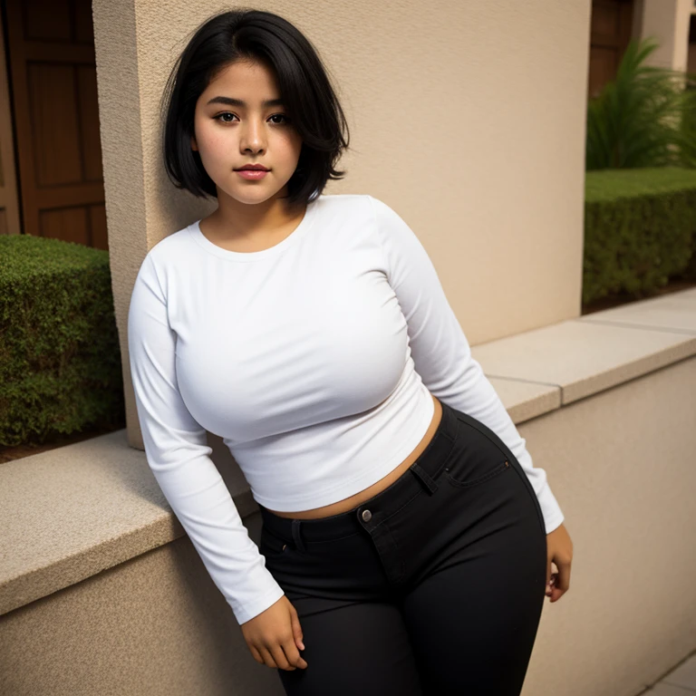 body photo, beautiful detailed, cute face, short, Guanajuato teen, slightly chubby, short black hair, black hair over one eye, long sleeve plain T-shirt, long pants, pearshaped wide hips with thick thighs, solo,