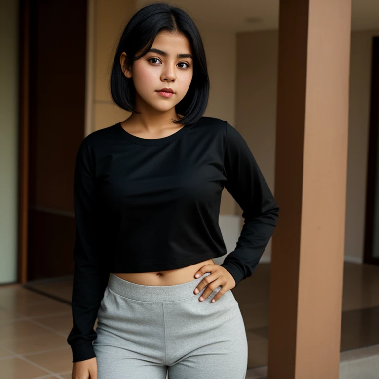 body photo, beautiful detailed, cute face, short, Guanajuato , slightly chubby, short black hair, black hair over one eye, long sleeve plain T-shirt, long pants, pearshaped wide hips with thick thighs, solo,