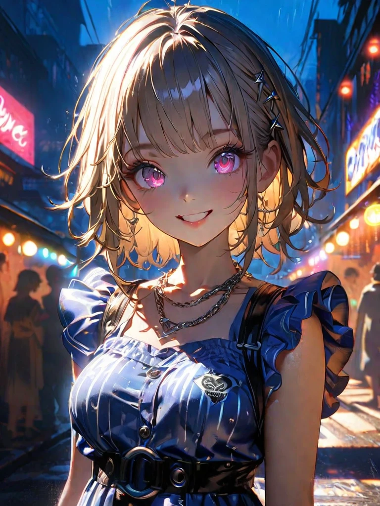 1 girl, chromatic aberration, Written boundary depth, Soft Light, masterpiece, Highest quality, complicated, Tone Mapping, A place where fireworks are set off at festivals. Concept Art, Smooth, Clear focus, Dramatic lighting, Very cinematic, super practical painting, アートステーション's trending, 8k, Incredible Shadows, practical, whole body, View, Viewers, Portrait of a Girl 1, standing on street corner, Heavy rain and lightning、Dark Sky, neon and cyber punk background, she is dressed in punk clothing with silver chains and silver spikes, Her hair was dyed light brown................Ominous aura of light, smile, punk, ciber punk, Backlight.Fashionable clothes、Friendly dress code: Wearing a cute blue dress.My breasts are a little big
