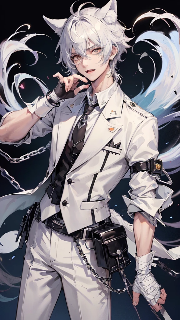 1 boy, anime, futuristic setting, high quality, wolf ears, wolf tail, butler suit, white button-up, spiked collar, chains, holster belts, sleeves rolled up, some undone buttons, scars, bandages, messy hair, fangs, moles, silver hair, mixed eyes, white eyelashes