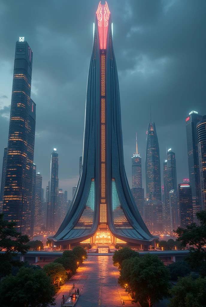 capital building, city hall, city centre, super tall skyscraper, super tall city hall, multiple buildings, birdseye view ,art deco design，streamline moderne，futuristic architecture, Abstraction，modern style，Luxury and Luxury，Future night view，Futuristic decorative elements，Metallic，number line，sci-fi lamp，Virtual Engine，Unreal rendering, neon lights, greenery,