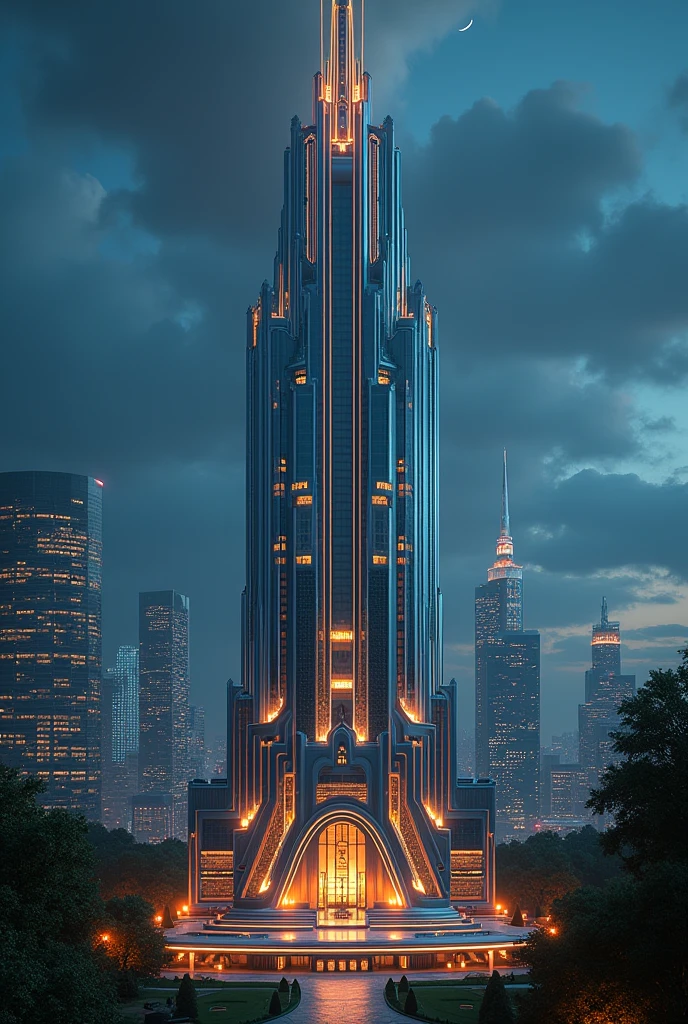 capital building, city hall, city centre, super tall skyscraper, super tall city hall, multiple buildings, birdseye view ,art deco design,streamline moderne,futuristic architecture, Abstraction,modern style,Luxury and Luxury,Future night view,Futuristic decorative elements,Metallic,number line,sci-fi lamp,Virtual Engine,Unreal rendering, neon lights, greenery,