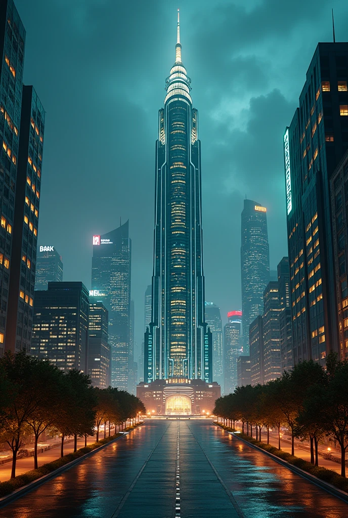 capital building, city hall, city centre, super tall skyscraper, super tall city hall, multiple buildings, birdseye view ,art deco design,streamline moderne,futuristic architecture, Abstraction,modern style,Luxury and Luxury,Future night view,Futuristic decorative elements,Metallic,number line,sci-fi lamp,Virtual Engine,Unreal rendering, neon lights, greenery,