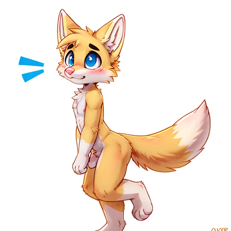 Anthropomorphic young male light yellow fox, with blue eyes, pink nose, solo, blushed, surprise expression, white background, furry art, side view, seen from a side, full length portrait, thin body, surprise pose