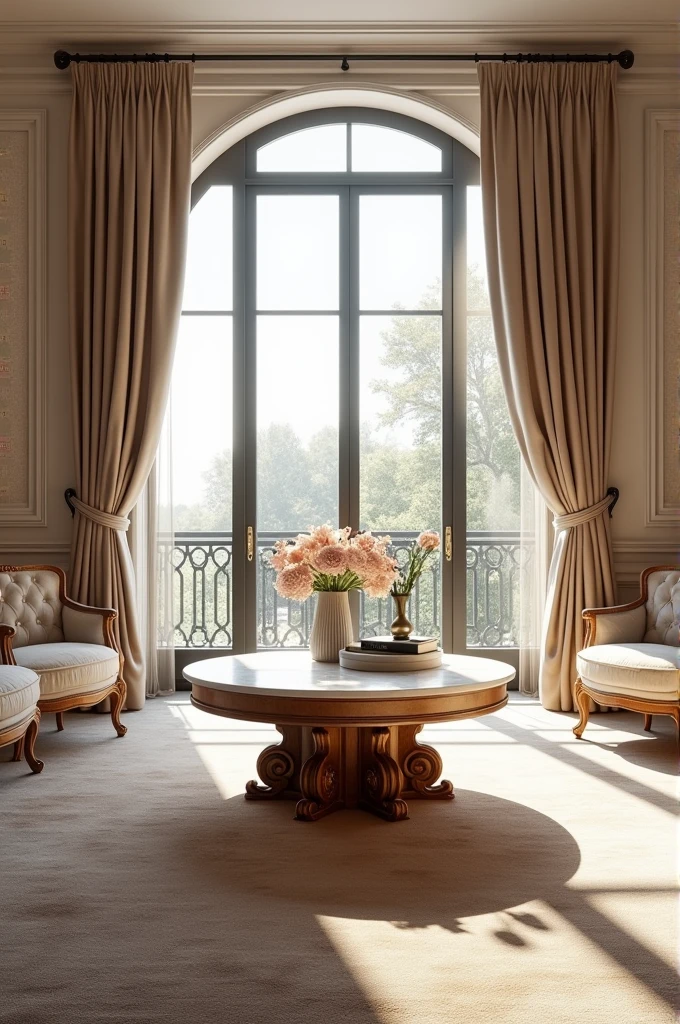 Professional 3d architecture rendering design of modern and gold French design for living room with elegant wooden and medium white marble slab stone middle table with elegant French chairs and silk Persian carpet and elegant curtains and clothes wall and showing complete