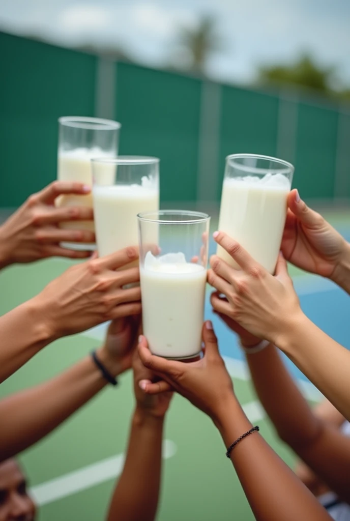 Tennis court background,Several people hold boxes of milk and raise their glasses together,Photography