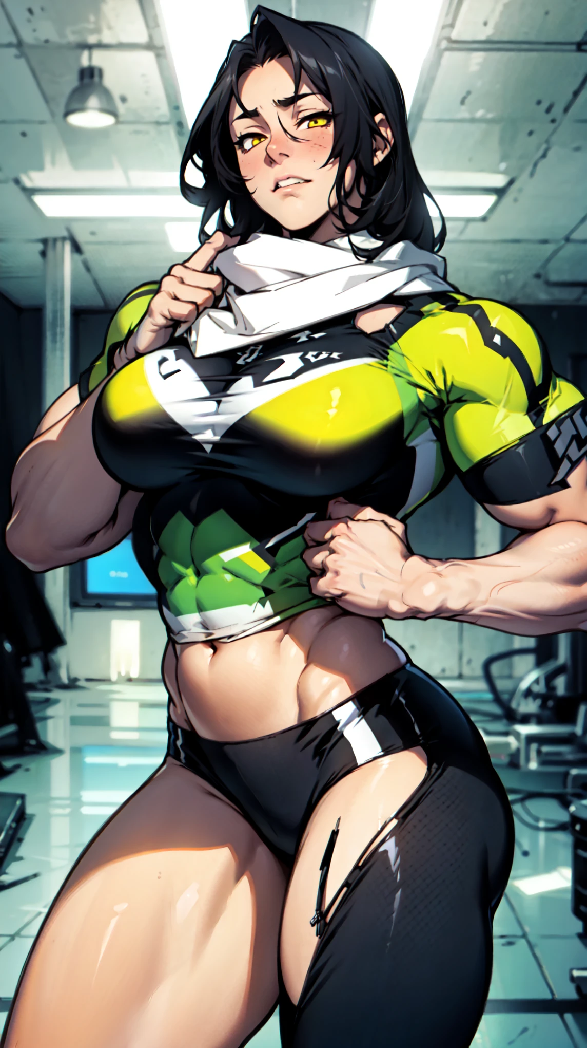 muscular girl thin waist large breasts thick pale skin black hair yellow eyes muscular girl thin waist large breasts thick muscular girl thin waist large breasts thick skintight sad expressionless