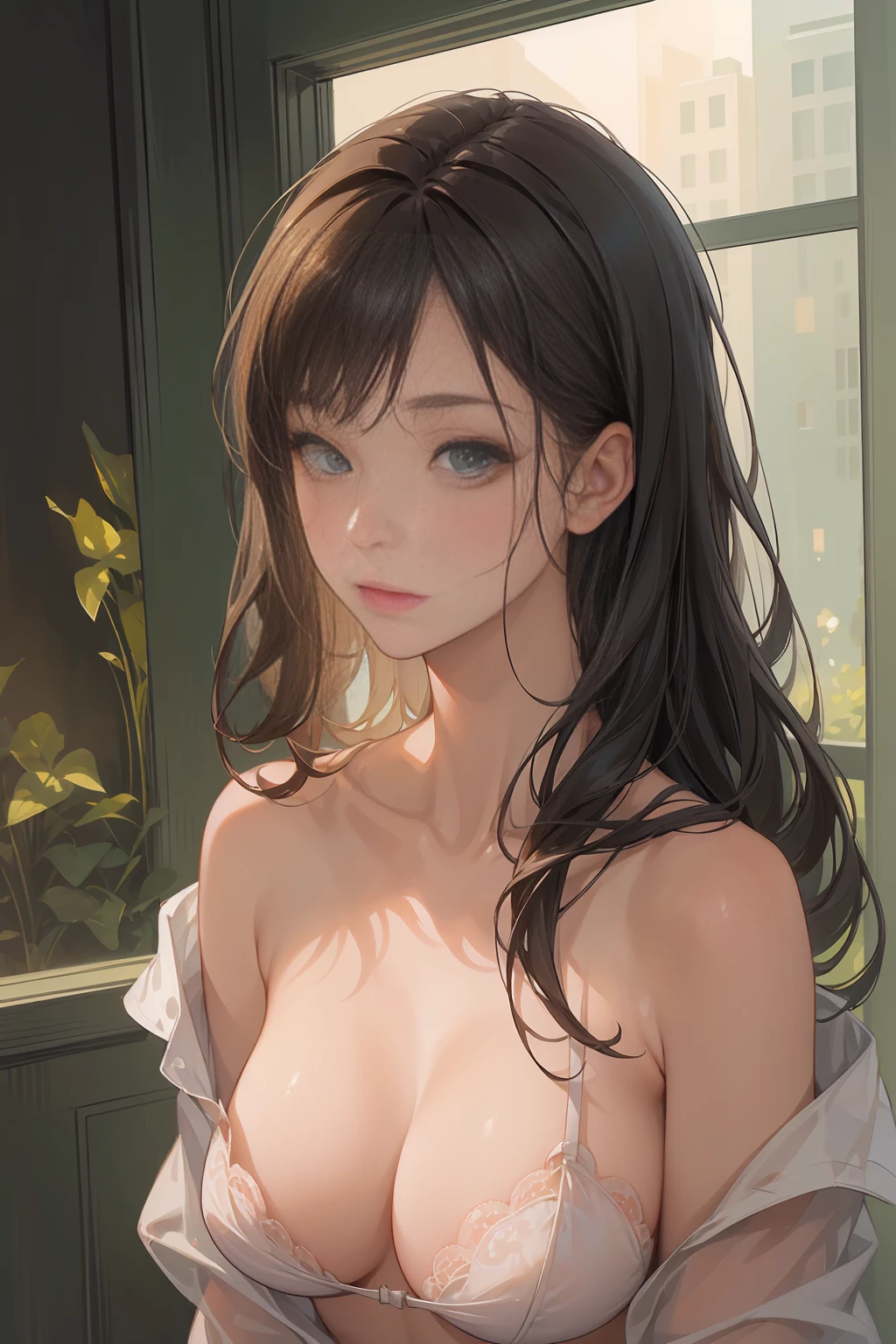 (masterpiece:1.2, highest quality), (Realistic, photoRealistic:1.4), Beautiful illustrations, (Natural Side Lighting, Cinema Lighting), Written boundary depth, Beautiful thighs staring at the viewer, (Face Focus, Upper Body), 1 female,20-year-old,alone,(With background:Hotel Rooms) , Completely naked, thin, slender, Long Hair, Straight Hair, Forehead, thin, slender, Very big naked , Nipples, Black Lace Lingerie, Are standing, ((Close-up)), ((Close-up)), ((Close-up))