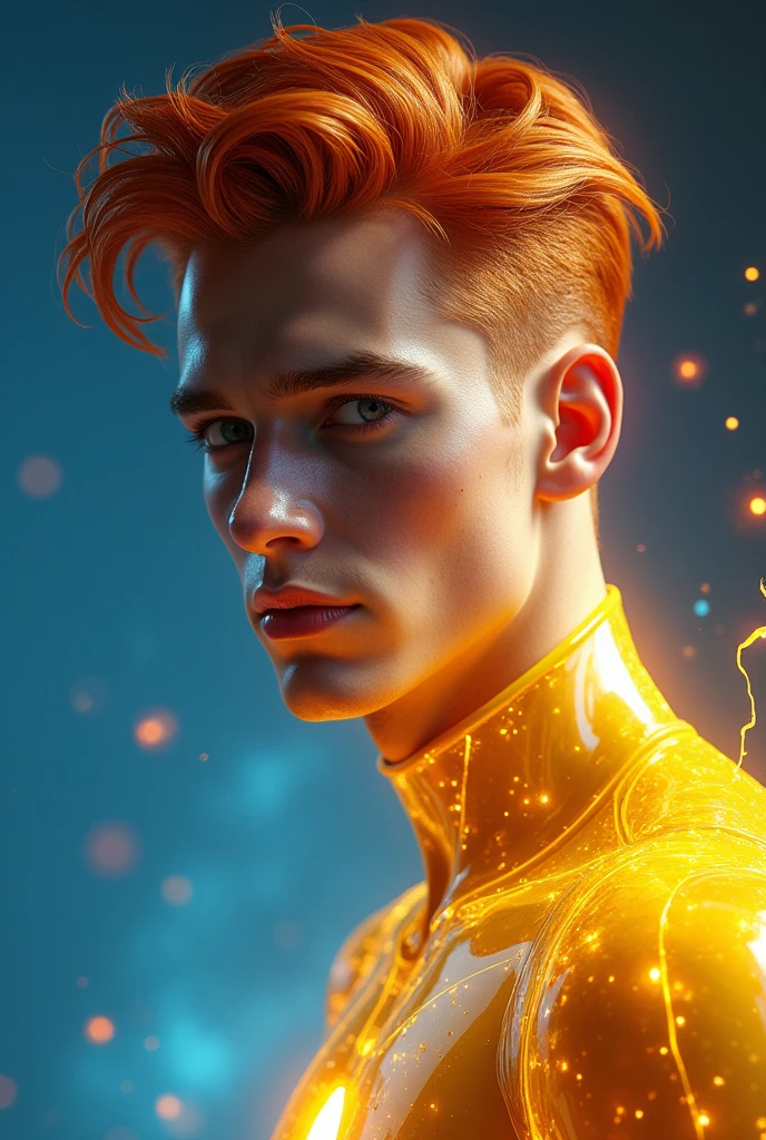 Quarter body photorealistic shots handsome hunky fractal masculine Teen titans  red haired Lightning lad.. wearing an indigo quartz and yellow citrine transparent crystal chrome glass super suit , look at camera, detailed face parts,, studio as background, Freestyle Pose, Happy Expression, perfect anatomy, symmetric body,, 18 years old,  :: high detail, a lean athletic body, realistic, human skin, extremely detailed fingers,  chad chin,, masculine, human skin, (eyes contact), gorgeous, Attractive. super bulges in action 