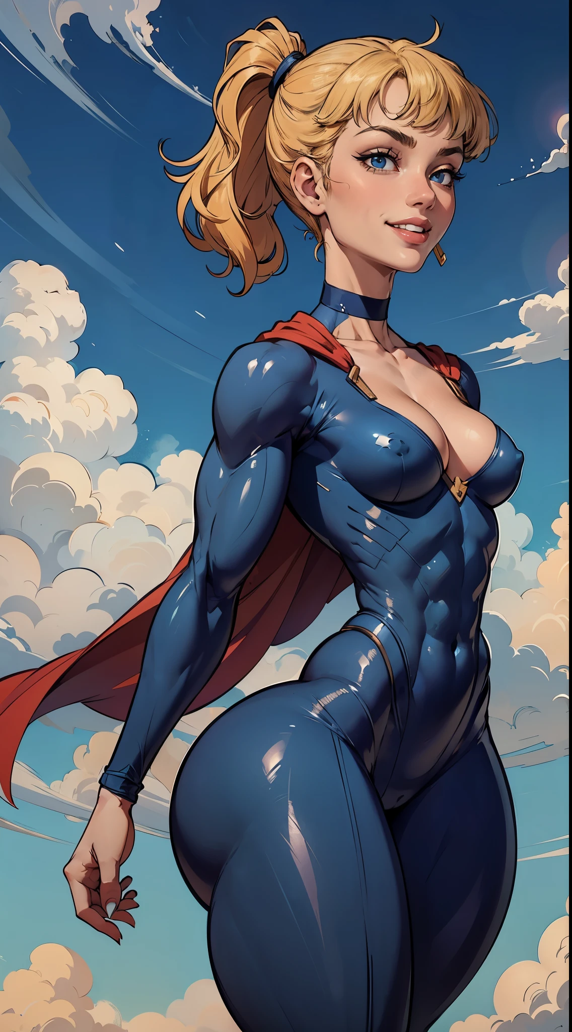 (Muscular:1.9), (thick thighs:1.9),
blonde female, (supergirl), (big smile:1.5), (blunt bangs), (ponytail:0.7),
earrings, lipstick, eyeshadow,
hard nipples, (flat chest:1.5),
(full body suit, blue bodysuit:1.6), (small cape:1.3),
looking at viewer, three quarter view, (upper body view:2),
(floating, in midair, sky and clouds background:1.3), rim lighting, two tone lighting, dim lighting, bokeh, detailed skin, detailed eyes