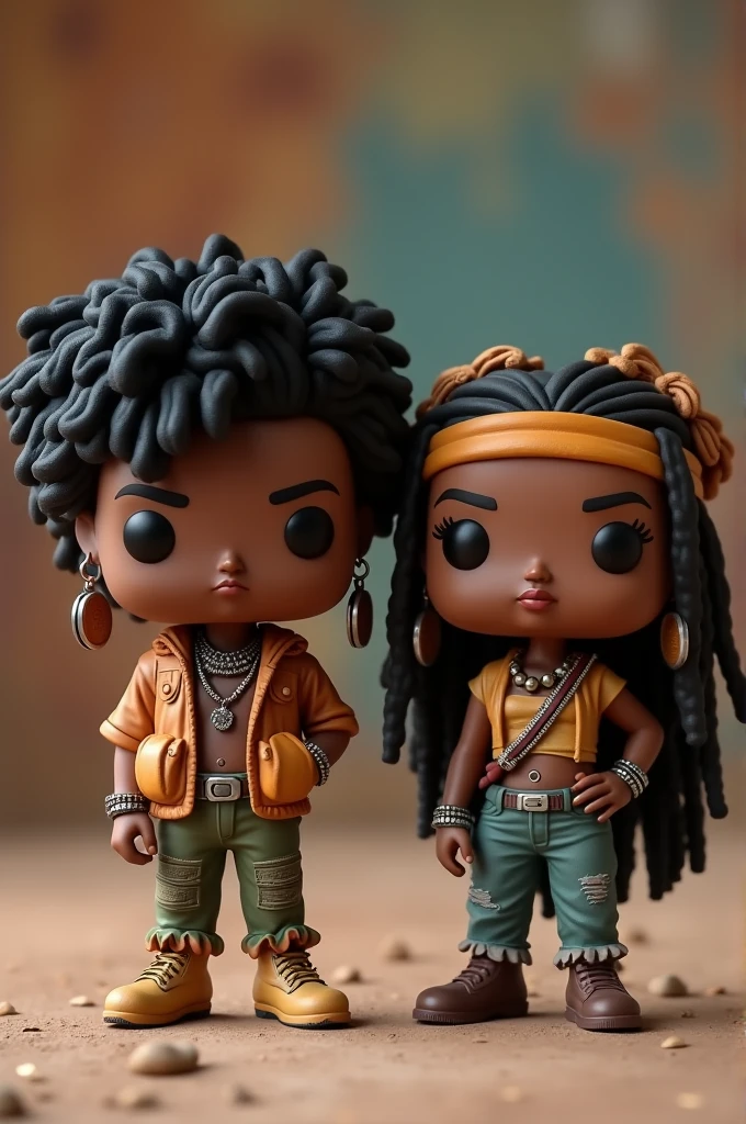 create 2 funko pop with these features:both with dark skin, one with voluminous wavy hair with baddie style and baddie accessories ,um com estilo hippie com dreads