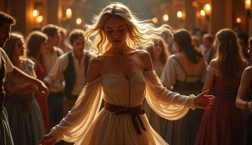 (photorealism:1.2), A beautiful blond woman from a medieval tavern, dancing,A full tavern of people, wearing loose off-shoulder top,
