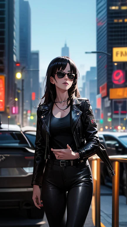 best quality, high quality, ultra quality, 8k, masterpiece, detailed, extremely detailed, insanely detailed, ultra detailed, ultra highres ,exquisite,
lifelike Images,cinematic experience,UHD picture,Realistic,photorealistic,hyperrealistic,vivid,RAW photo,shot by DSLR, One girl, (black leather jacket:1.3), white tank top, black leather pants, cyberpunk city,sunglasses