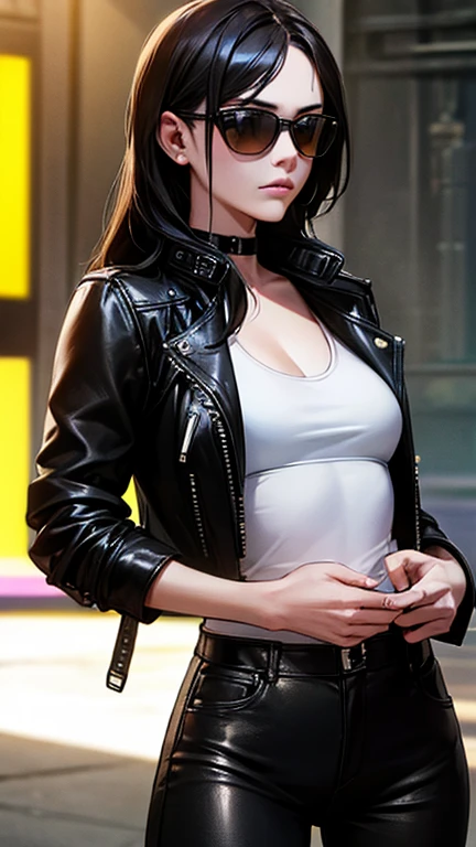 best quality, high quality, ultra quality, 8k, masterpiece, detailed, extremely detailed, insanely detailed, ultra detailed, ultra highres ,exquisite,
lifelike Images,cinematic experience,UHD picture,Realistic,photorealistic,hyperrealistic,vivid,RAW photo,shot by DSLR, One girl, (black leather jacket:1.3), white tank top, black leather pants, cyberpunk city,sunglasses