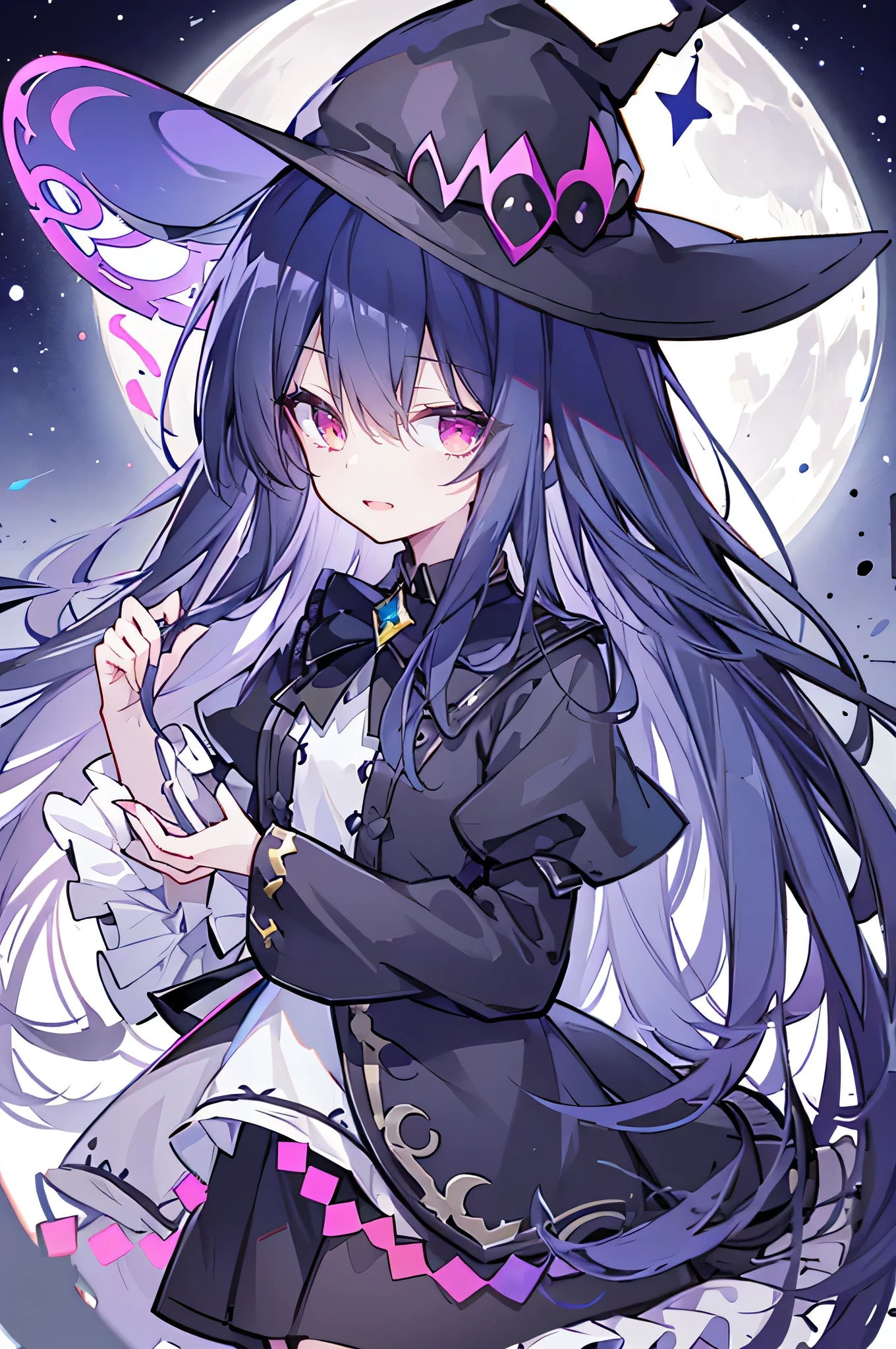 oung Girls,Humanity,A magician always smiles,big witch hat,cute,dark blue long hair,The eyes are dull,The bangs are heavy,Thin eyebrows,fantasy,intake,Double teeth,Star Theme,Constellation pattern,Solid color clothetal decoration,cloak,A bit of a dark atmosphere,A little crazy smile,When the big moon shines outside at night,blood,Hair black star embellishment,Short tie,No nails,High waist skirt,Bell sleeves,Long-sleeved shirt,Black tie,low risk,gentlemen。Mist、Yellow and white effect,Shocking pink as an accent color