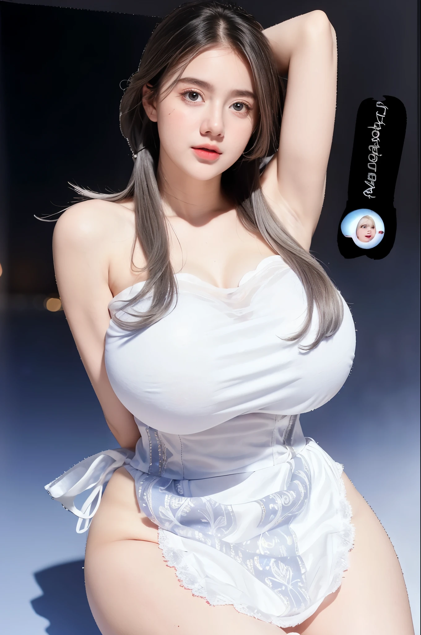 Georgeous, Beautiful, Cute, Baby Face, 18 Years Old, White Skin, Cleavage, ((Large Colossal Breast:1.3)), Sleeveless, Off Shoulder, Strapless, ((Transparent:1.3)), ((White Long ****ta Dress)), (Embroidery), Posing, ((Silver Hair)), ((Bright Blue Eye)), ((Muscles:1.2)), ((Bokeh:1.3)), Animal Farmer Background, Masterpiece, Twintails, Arms Up