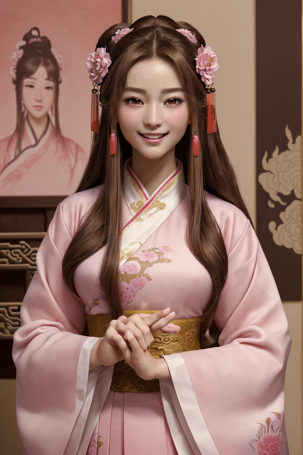 ((Ultra-realistic detail.) (Masterpiece, Top Quality, Best Quality, Official Art, Beauty and Aesthetics: 1.2), Very Detailed, upper body, 1girl at center screen with beautifulface, long and flowing brown hair, wearing pink hanfu, ancient chinese clothes, smiling, perfect details, perfect body, perfect face, perfect fingers.