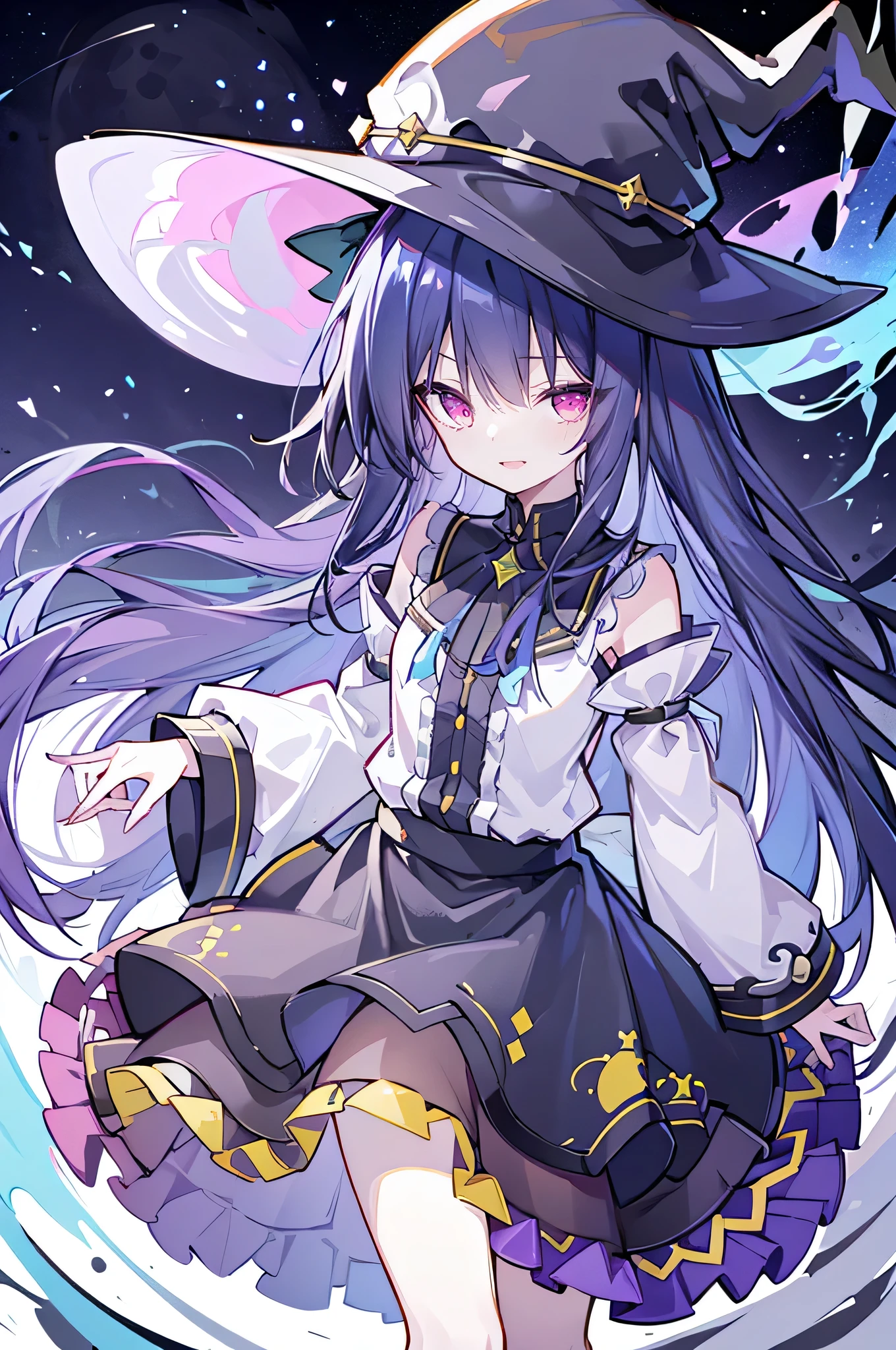 oung Girls,Humanity,A magician always smiles,big witch hat,cute,dark blue long hair,The eyes are dull,The bangs are heavy,Thin eyebrows,fantasy,intake,Double teeth,Star Theme,Constellation pattern,Solid color clothetal decoration,cloak,A bit of a dark atmosphere,A little crazy smile,When the big moon shines outside at night,blood,Hair black star embellishment,Short tie,No nails,High waist skirt,Bell sleeves,Long-sleeved shirt,Black tie,low risk,gentlemen。Mist、Yellow and white effect,Shocking pink as an accent color
