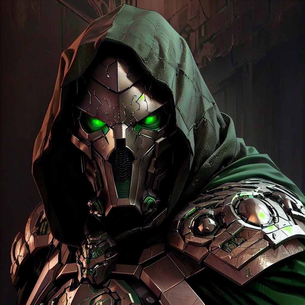 arafed man in a hooded jacket and green hoodie with a green hood, cyborg dr doom in ornate armour, doctor doom, face of an armored villian, doom slayer from doom eternal, 3 d render character art 8 k, unreal 5. rpg portrait, menacing. unreal 5, fantasy art of doom slayer, fantasy character octane render, mf doom with reptile eyes