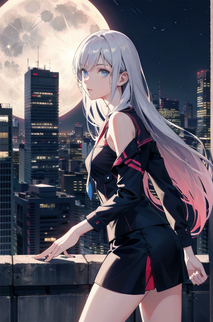 ((masterpiece)), ((best quality)), ((best illustration)), ((ultra-detailed)),((photorealistic color)), 1 lady, solo, ager, absurdly long hair, silver hair, straight hair, ((blue eyes)), ((hyper detailed eyes)), ((hyper detailed face)), gloomy face, lonely, looking at viewer, business suit, off shoulder, sleeveless, ((miniskirt)), bare legs, thin body, thin arms, long arms, standing, cowboy shot, side view, rooftop, skyline, urban, night, moonlight, backlight