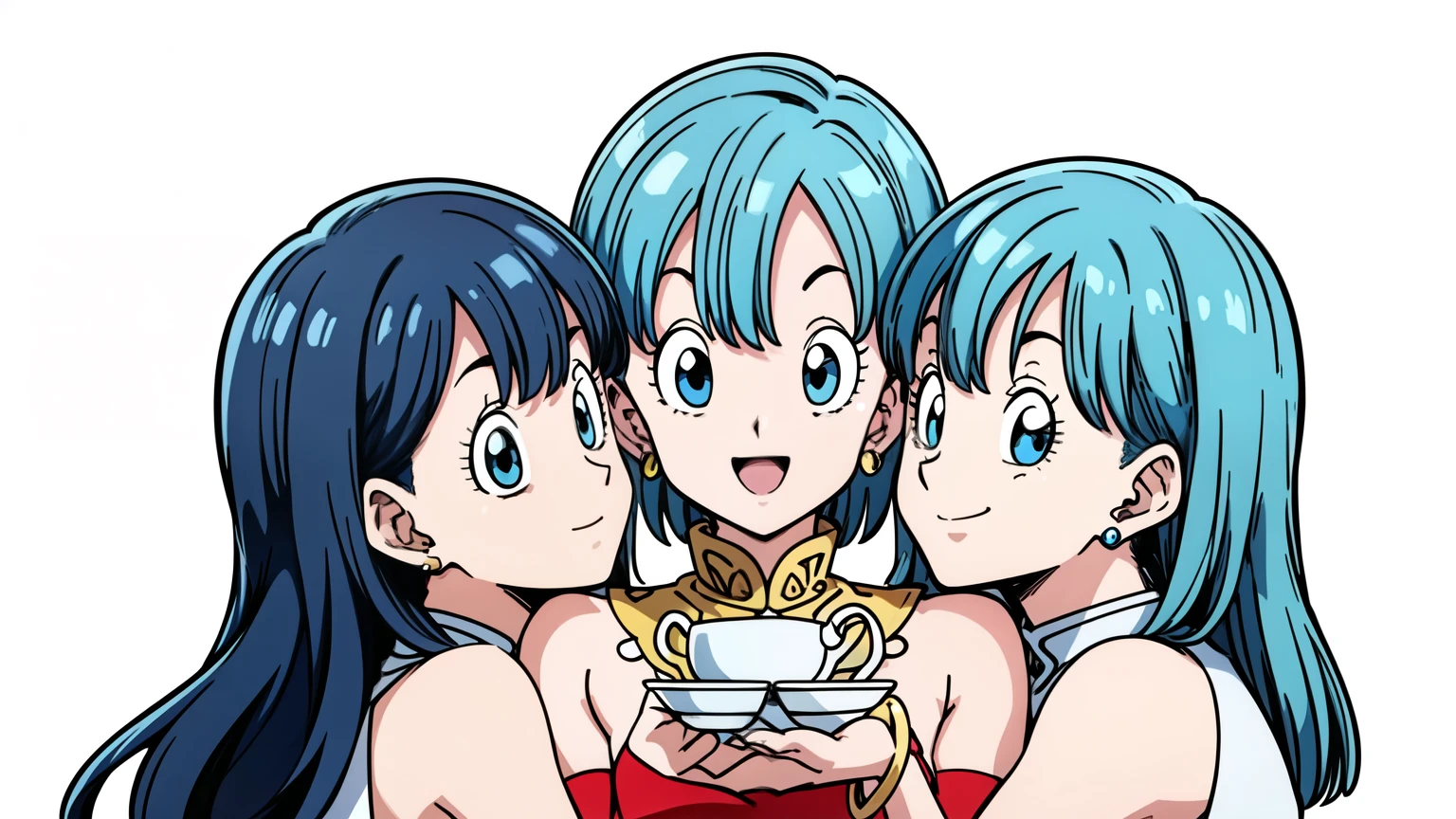3People Girls, 3By people, View your viewers, blue eyes, jewelry, Upper Body, Earrings, White background, bracelet, dress, 3Two golden teacups, cheers, smile, Open your mouth, celebration