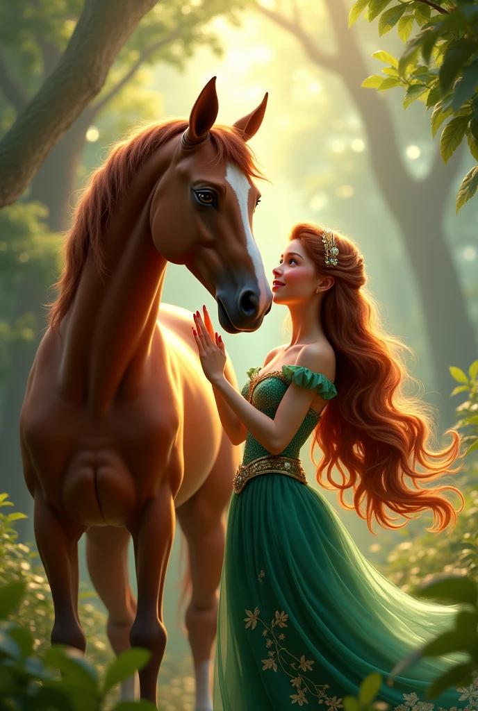"A beautiful princess stands gracefully beside a majestic brown horse in a lush, enchanted forest. The princess has long, wavy, chestnut hair that glimmers in the dappled sunlight filtering through the trees. Her deep green eyes reflect the serenity of the surrounding nature. She wears a flowing gown of emerald green and gold, adorned with delicate floral patterns, and a simple but elegant golden circlet rests on her brow. The horse, with a sleek coat of rich mahogany, stands calmly beside her, its large, intelligent eyes full of trust. The princess gently holds the horse's reins, her hand resting on its strong neck as she looks at it with a tender smile. The background is filled with towering trees, vibrant foliage, and the soft glow of sunlight breaking through the canopy, creating a scene of natural beauty and harmony."