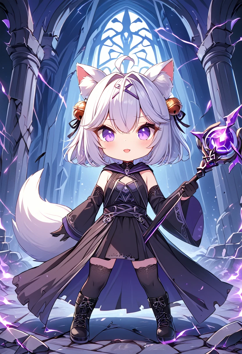 master piece, best quality, ultra-detailed, illustration, midnight, battlefield, gloomy atmosphere, broken castle, broken walls, ruins, purple flames, purple lightning, 1girl, solo, chibi, (big head), cute pose, front view, looking at viewer, ((full body Close up)), chubby, fat, filian, filianoverall, Filiansailor, ((white hair)) , short hair, shoulder length hair, fly-away hair, bangs, hairclip, purple hair ornament, cat ears, (hair bell:1.3) ahoge, purple eyes, open mouth, smiling, (white fox tail), (black tattered robe), long gown, black arm sleeves, black gloves, wielding orbstaff, black stockings, black boots