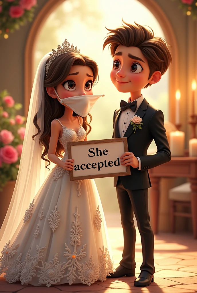 Full body couple dressed as animated bride and groom , She tied with a handkerchief in her mouth and he with a sign that says "She accepted"