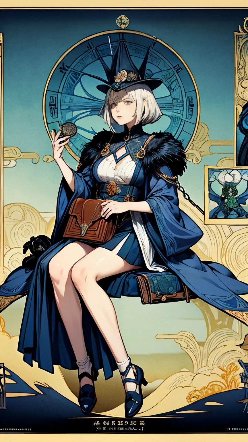 Kay Nielsen, Walter Crane, Katsuya Terada, Leonora Carrington, Surrealism Mysterious Weird Fantastic Fantasy Sci-fi, Japanese Anime, Miniskirt Beautiful Girl Time Traveler's Bag, perfect voluminous body, map of time, detailed masterpiece