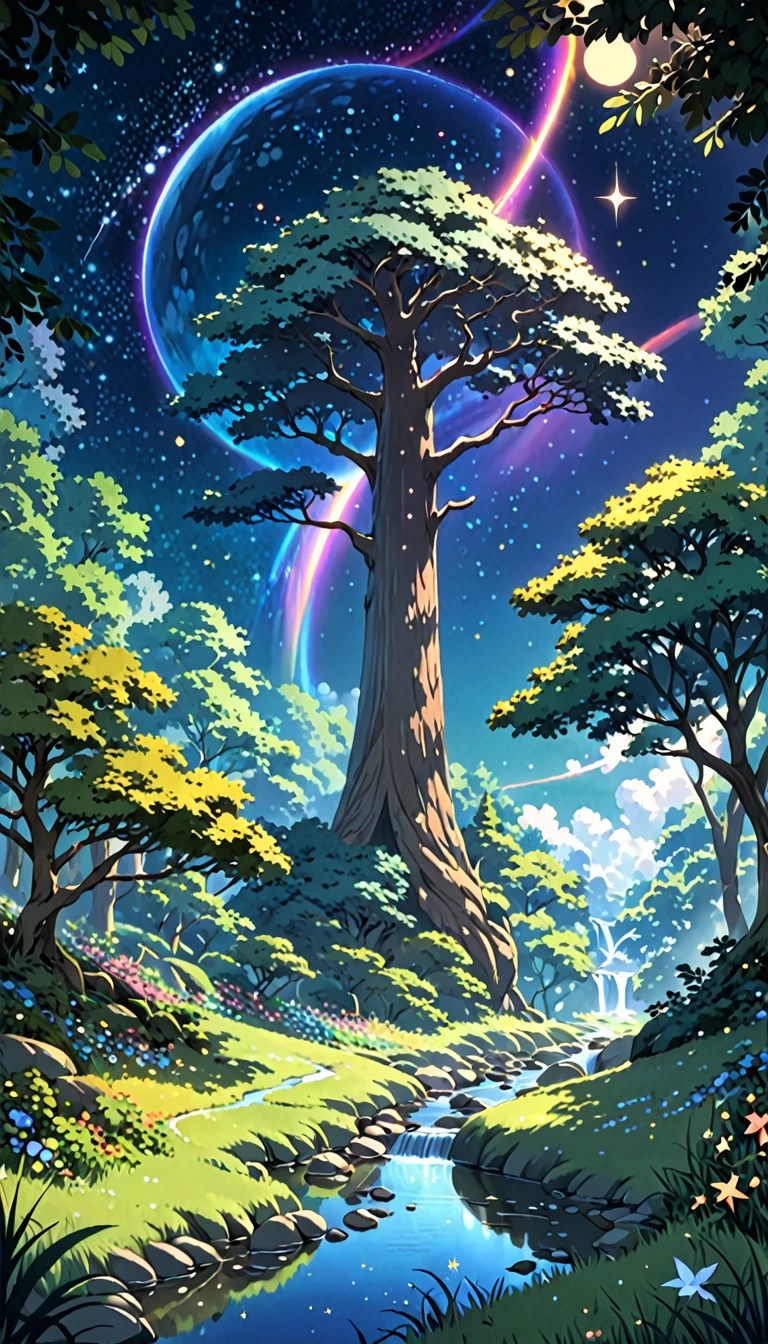 A breathtaking 4K anime nature wallpaper, crafted in a digital illustration style inspired by Hayao Miyazaki. The scene depicts a serene forest with towering ancient trees and dappled sunlight filtering through the leaves. A gentle stream flows through the landscape, with mystical creatures peeking out from the dense foliage. The color palette is vibrant and warm, with a cosmos-inspired lighting and stars that twinkle in the sky. The atmosphere is tranquil, enchanting, and completely devoid of human characters